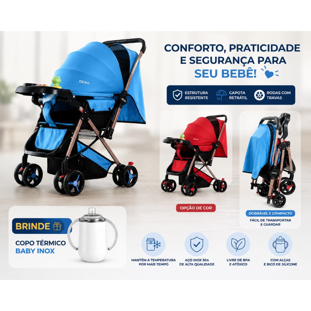 Carrinho de Bebê Passeio Reclinável com Bandeja Brinquedos e Capota DEKO + Brinde