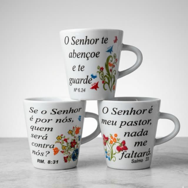 Kit Caneca Frases Bíblicas Salmo 120ml Porcelana Xicara Chá Café Presente Evangélico Inspirador