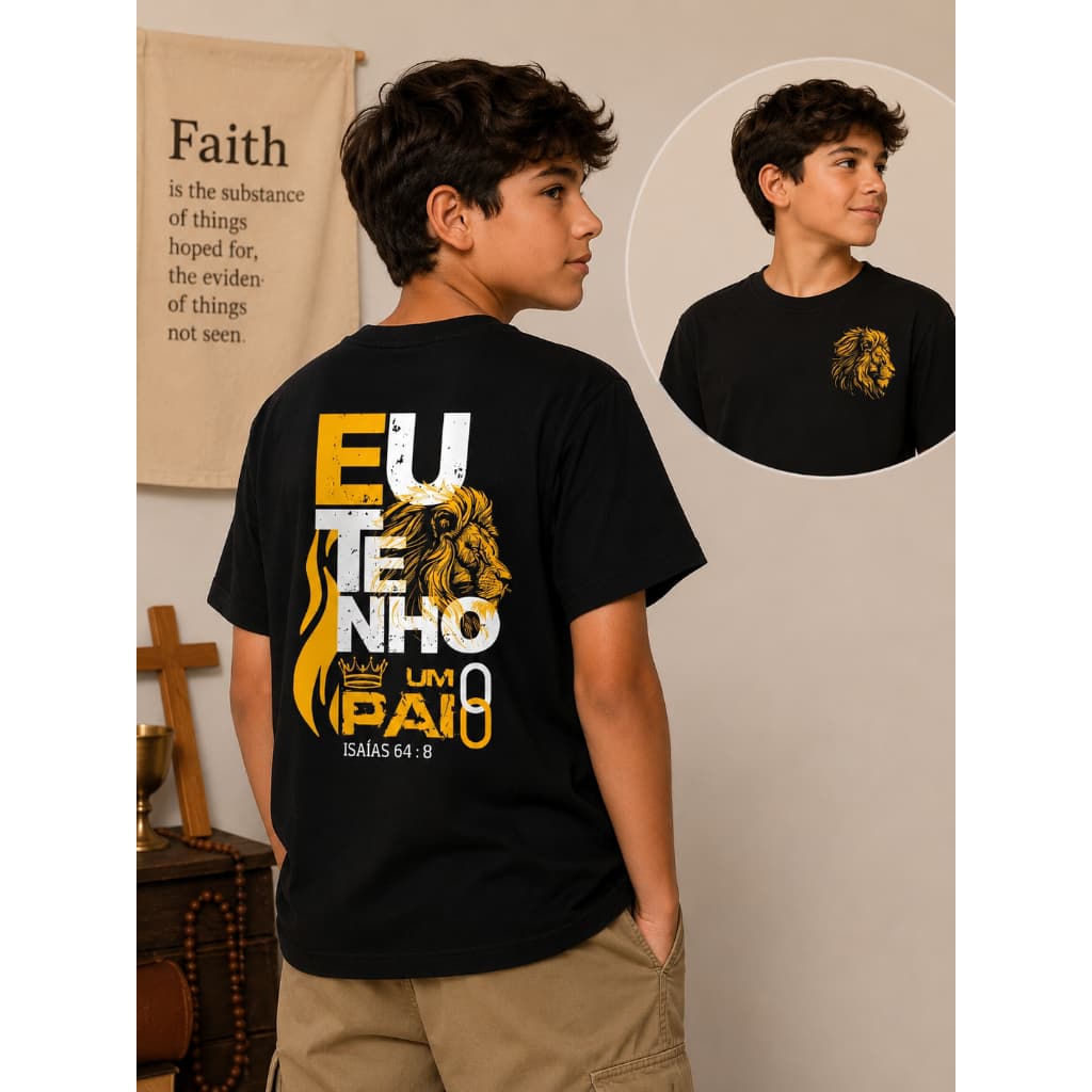 Camisa Preta com Estampas Coloridas Gospel Infantil Juvenil para Crianças de 4 até 16 anos