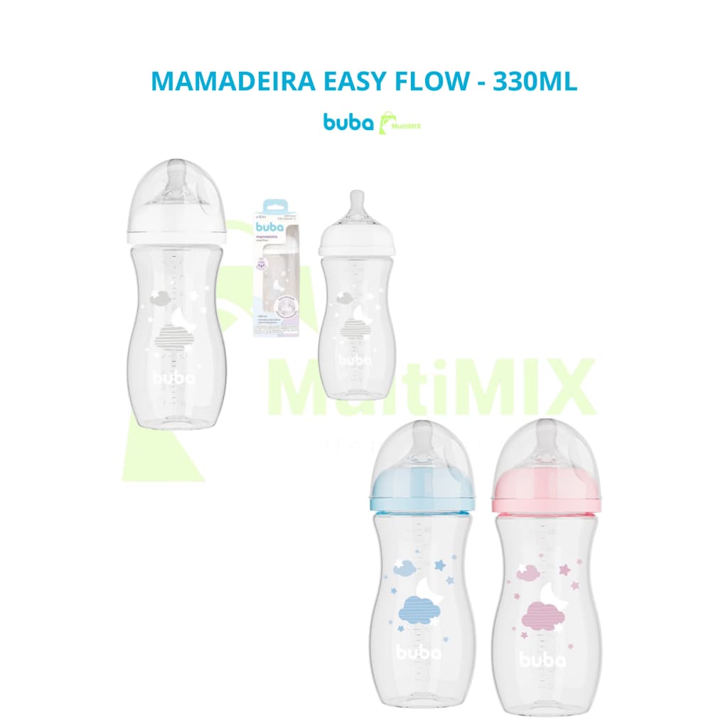 Mamadeira BUBA Easy Flow Anti-cólica 4+ 330ML  ROSA / AZUL / BRANCO, NUVEM, Bebe, Bico Fluxo Medio 3