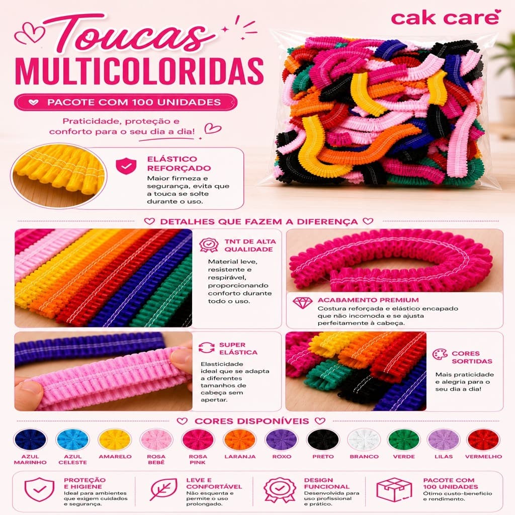 KIT DE TOUCAS DESCARTÁVEIS multicoloridas Em TNT Proteção Para Cabelo Salão, Estética & Cozinha