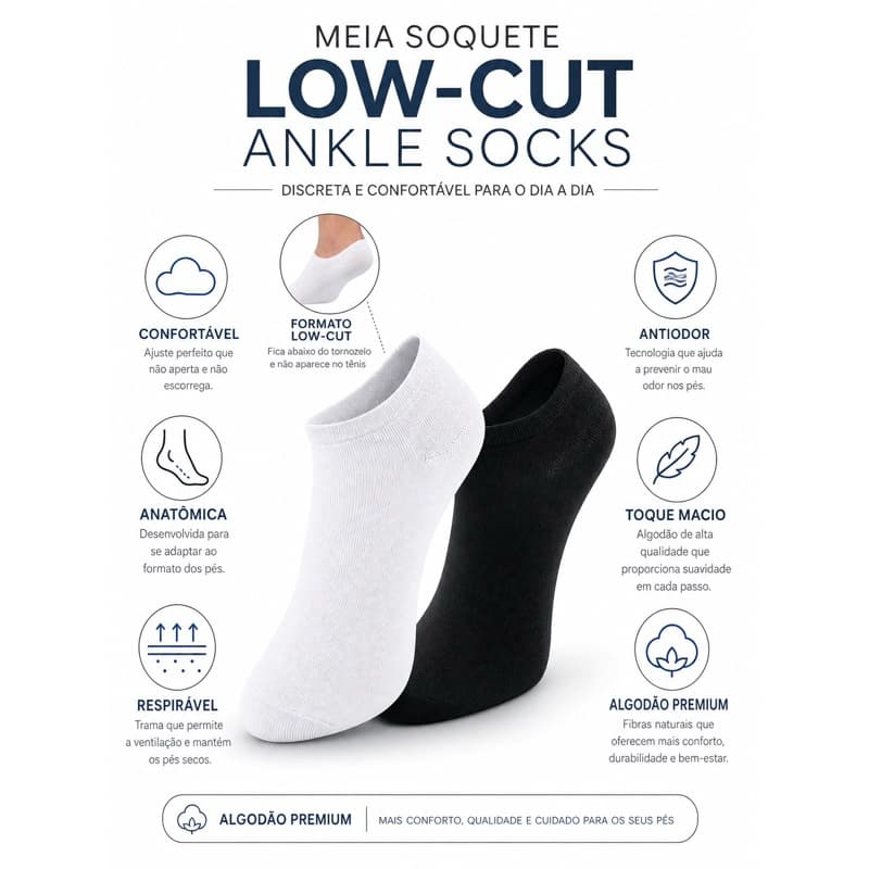 Kit 4 Pares Meia Soquete Algodão Premium Confortável Respirável Antiodor Unissex 2 Pretas 2 Brancas Cano Curto Invisível