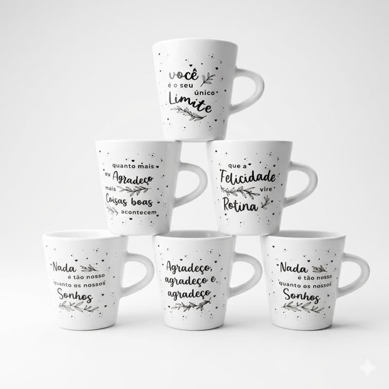Kit Caneca Sonhos Coisas Boas 120ml Porcelana Xicara Chá Café Presente Inspirador Frases Motivacionais