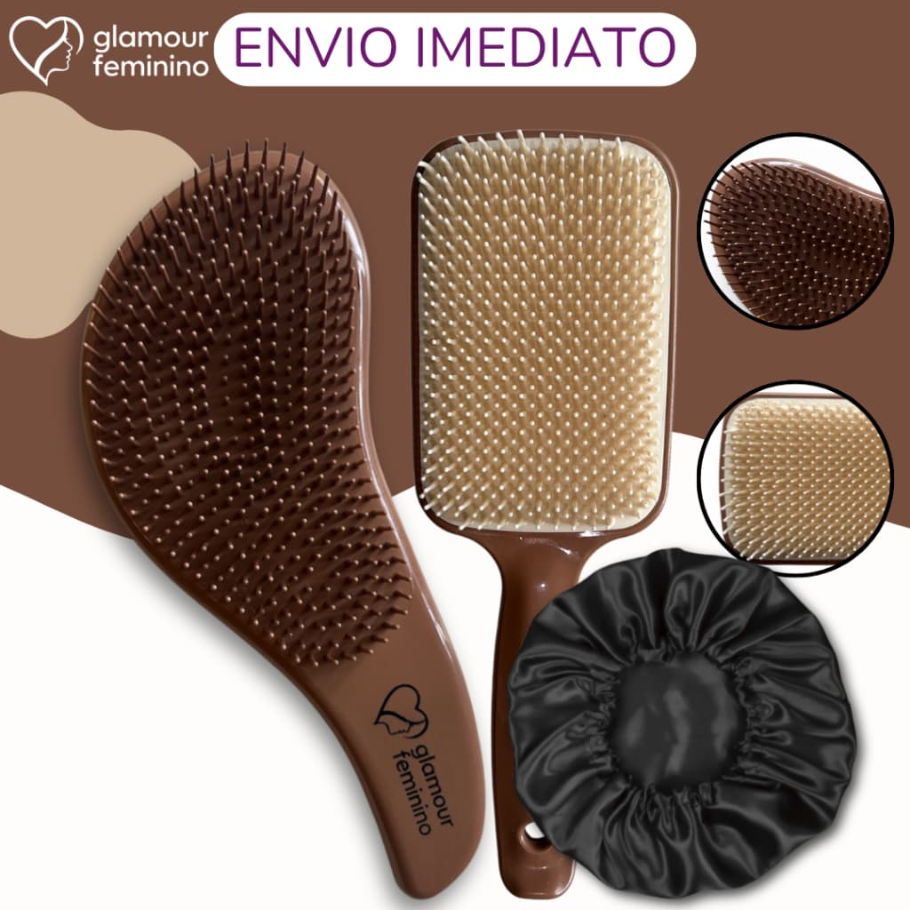 Kit 1 Esova Raquete Premium + 1 Touca De Cetim+ 1 Escovas Mágicas Premium - Anti Frizz - De Desembaraçar Cabelo