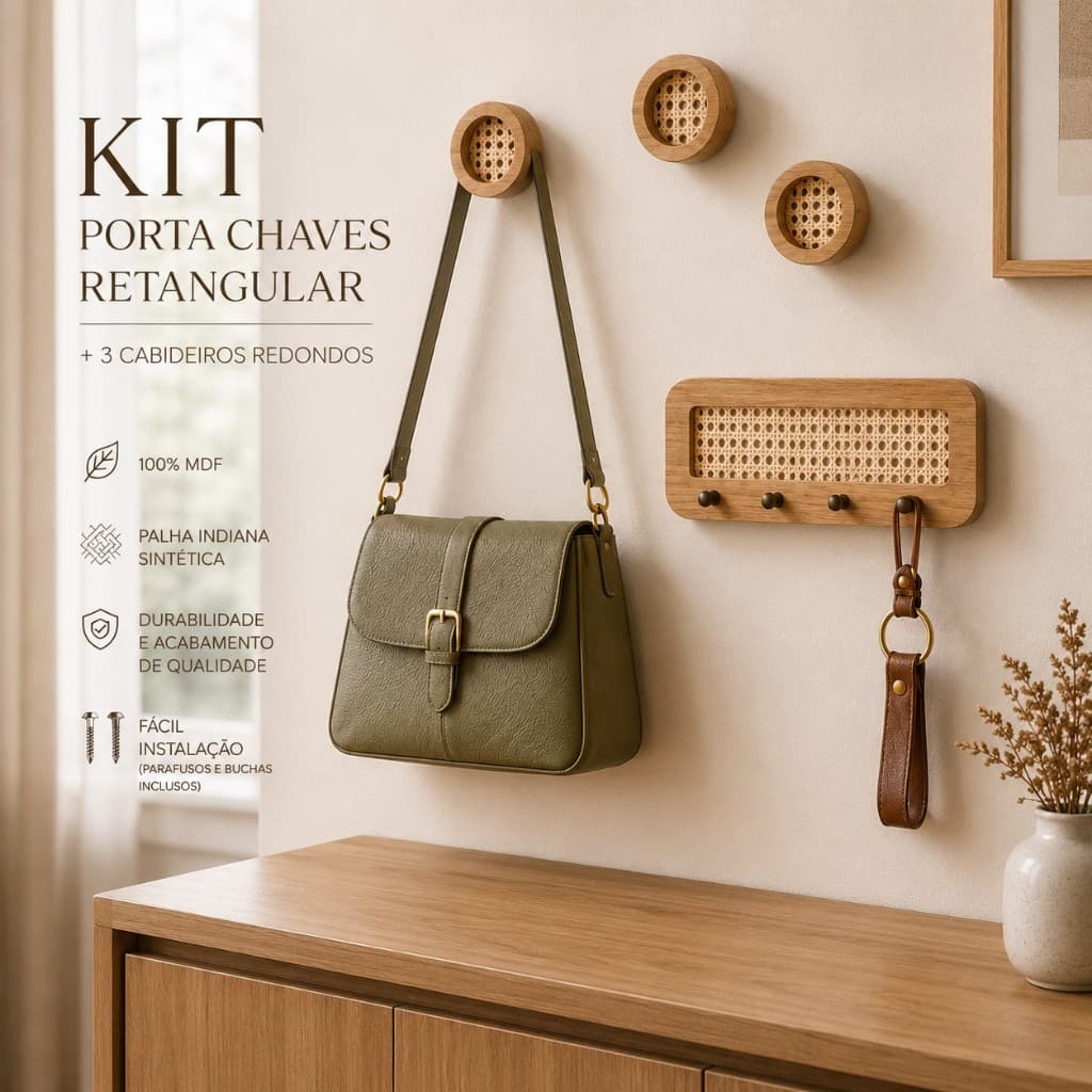Kit Porta Chaves Retangular + 3 Cabideiros Redondos com Palha Indiana Sintética
