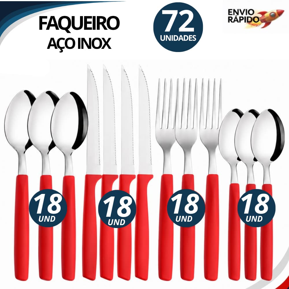Jogo de Talheres Cabo Vermelho 24/48/72 Peças Inox Premium Resistente Moderno