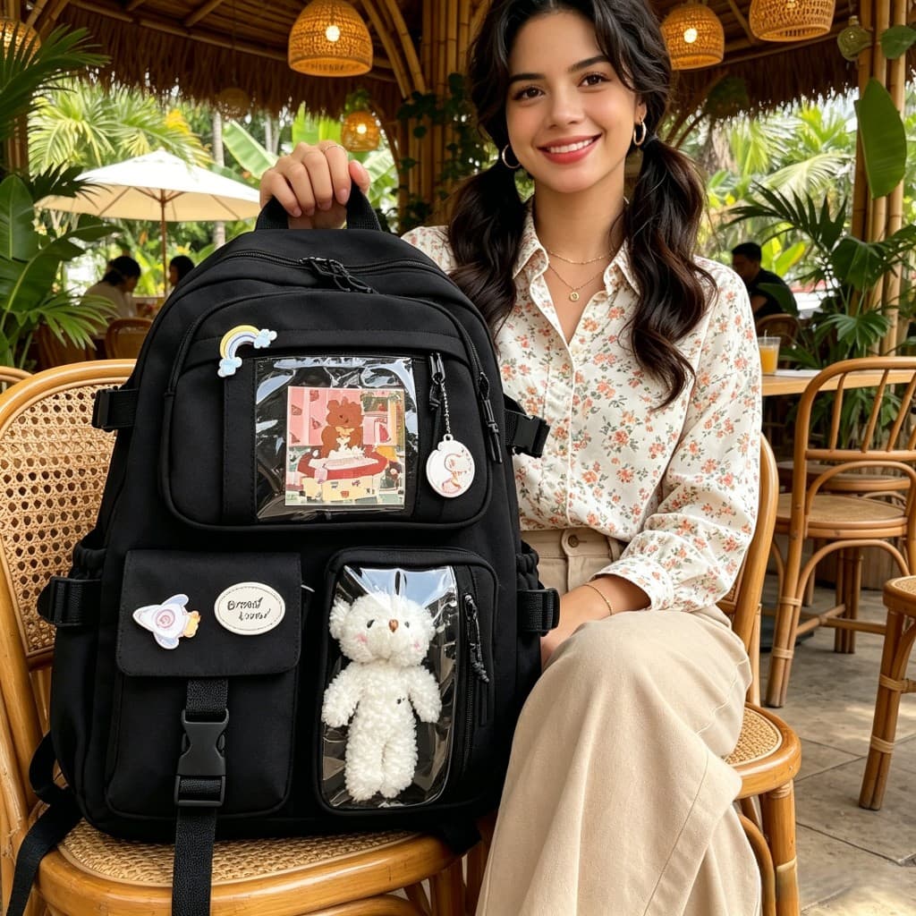 Mochila Feminina Escolar Estilo Coreano Grande Capacidade Para Notebook Com Pingente de Urso Impermeável Multiuso
