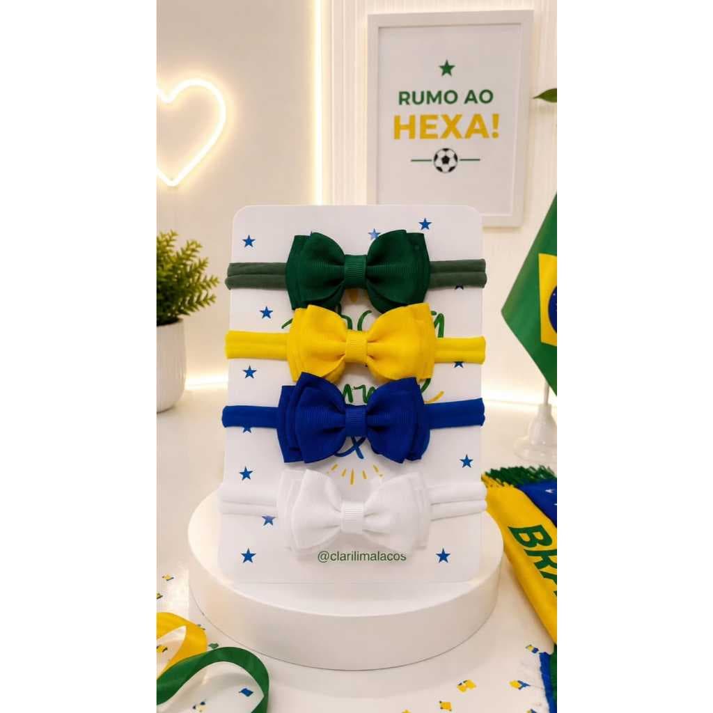 Kit Laços para Bebê Cores do Brasil | Faixa de Seda Recém-Nascida | Acessório de Cabelo Infantil | Envio Rápido
