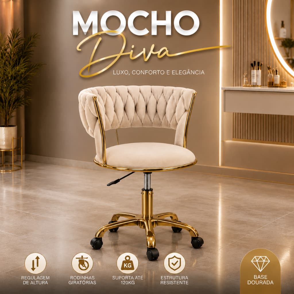 Cadeira Luxuosa elegante Diva Mocho Gold Dourada Alto padrão sofisticação