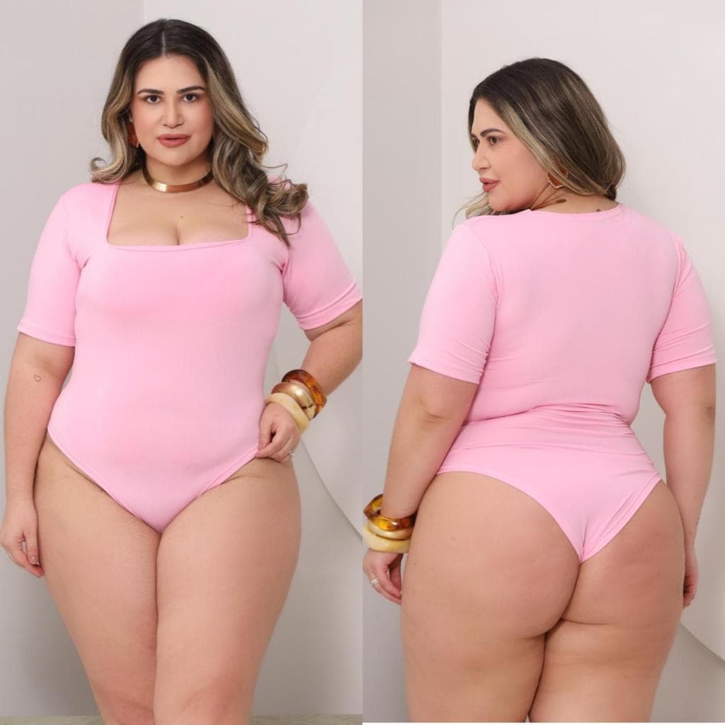 Body Blusa Feminino Plus Size Gola Decote Quadrado Manga Curta Confortável Suplex  Moda Plus