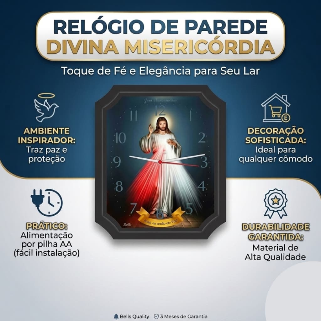 Relógio de Parede Retangular Jesus Misericordioso 23,5x27cm Decoração Religiosa Premium Resistente