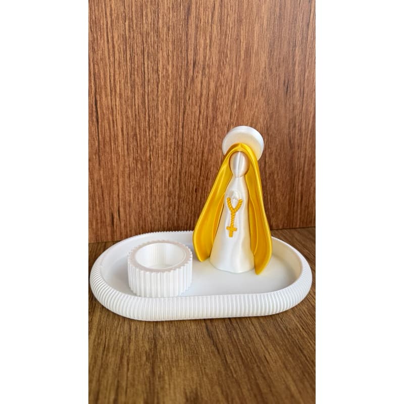 Kit Decorativo Nossa Senhora com Bandeja + Porta Vela + Imagem Religiosa / Presente Religioso