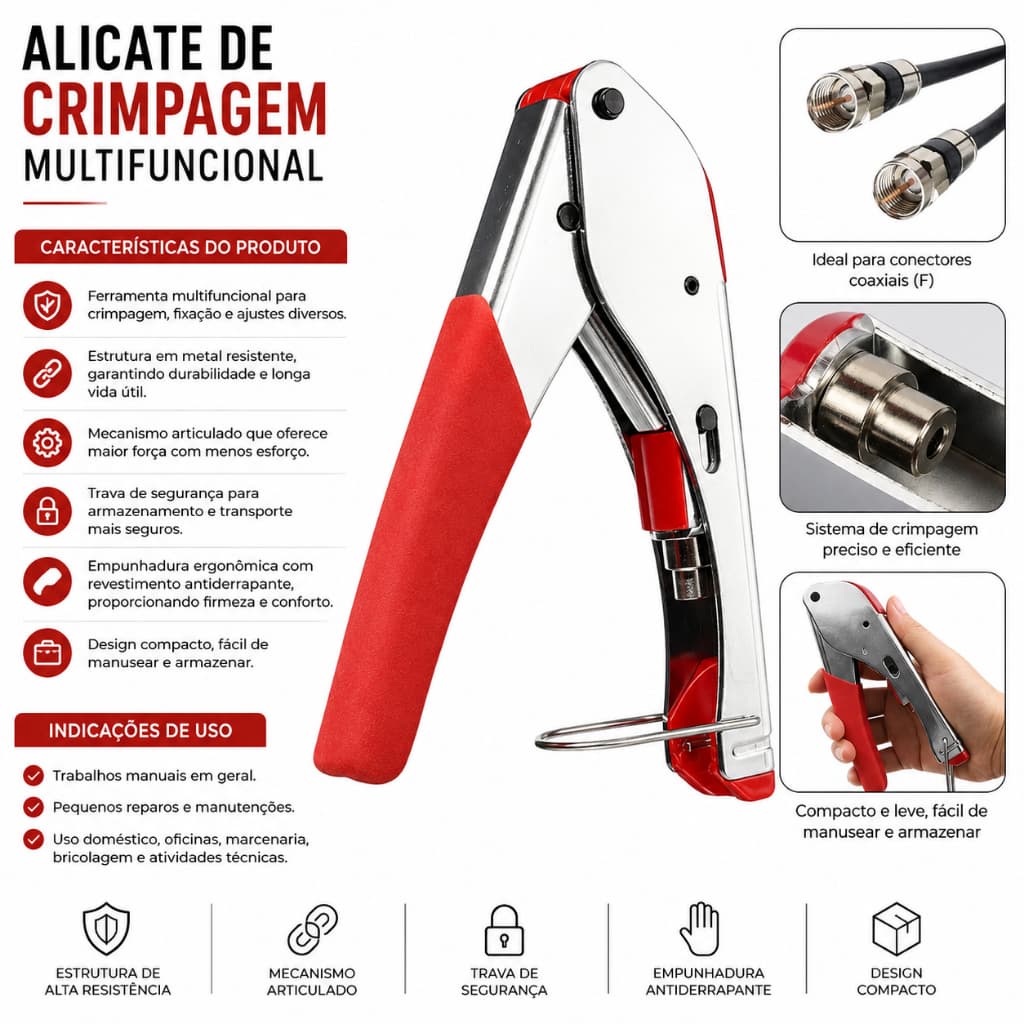 Alicate Crimpar Crimpagem Fixação Universal Cabo Coaxial Conector Cabo Emborrachadp Trava RG6 E RG59