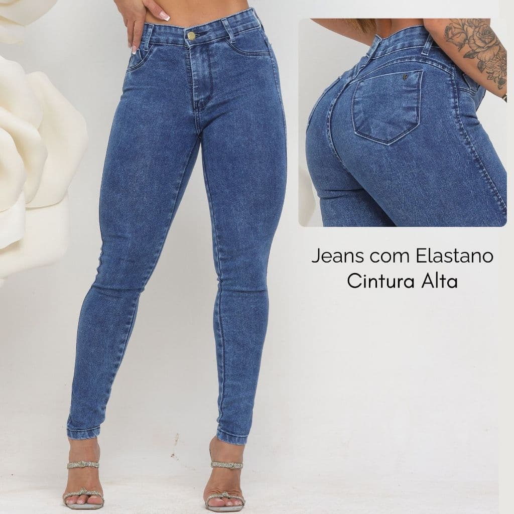 Calça Jeans Feminina Cós Alto Empina Com Elastano Justa