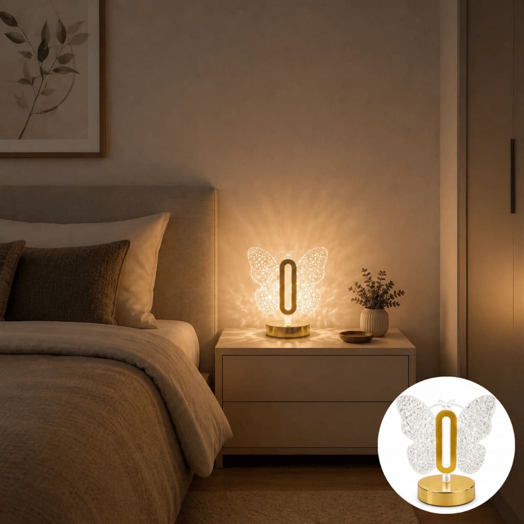 Luminária LED Borboleta Cristal USB 3 Cores Quente Neutra Fria Luz Decorativa Mesa Quarto Abajur Moderno 5V