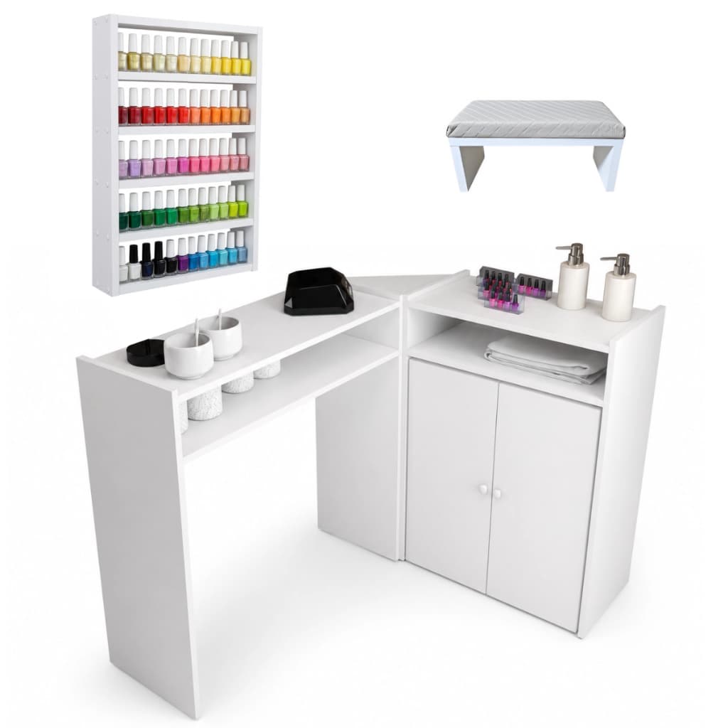 Mesa Manicure Em L Com 2 Portas Salão Spa Branco Moderno Completo + Esmalteira + Apoio De Mãos