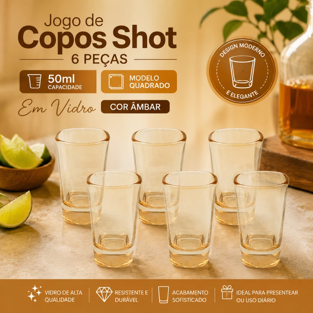 Jogo 6 Copos Shot 50ml Vidro Âmbar Quadrado Tequila Cachaça Dose Bar Drink Festa Premium Luxo