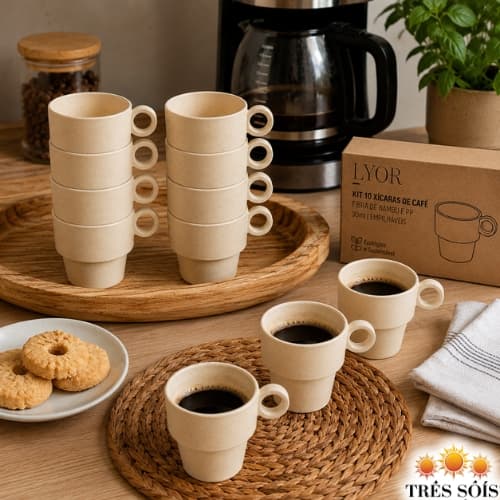 Kit 10 Xícaras de Café 90ml Fibra de Bambu e PP Empilháveis Lyor | Ecológicas, Leves e Resistentes