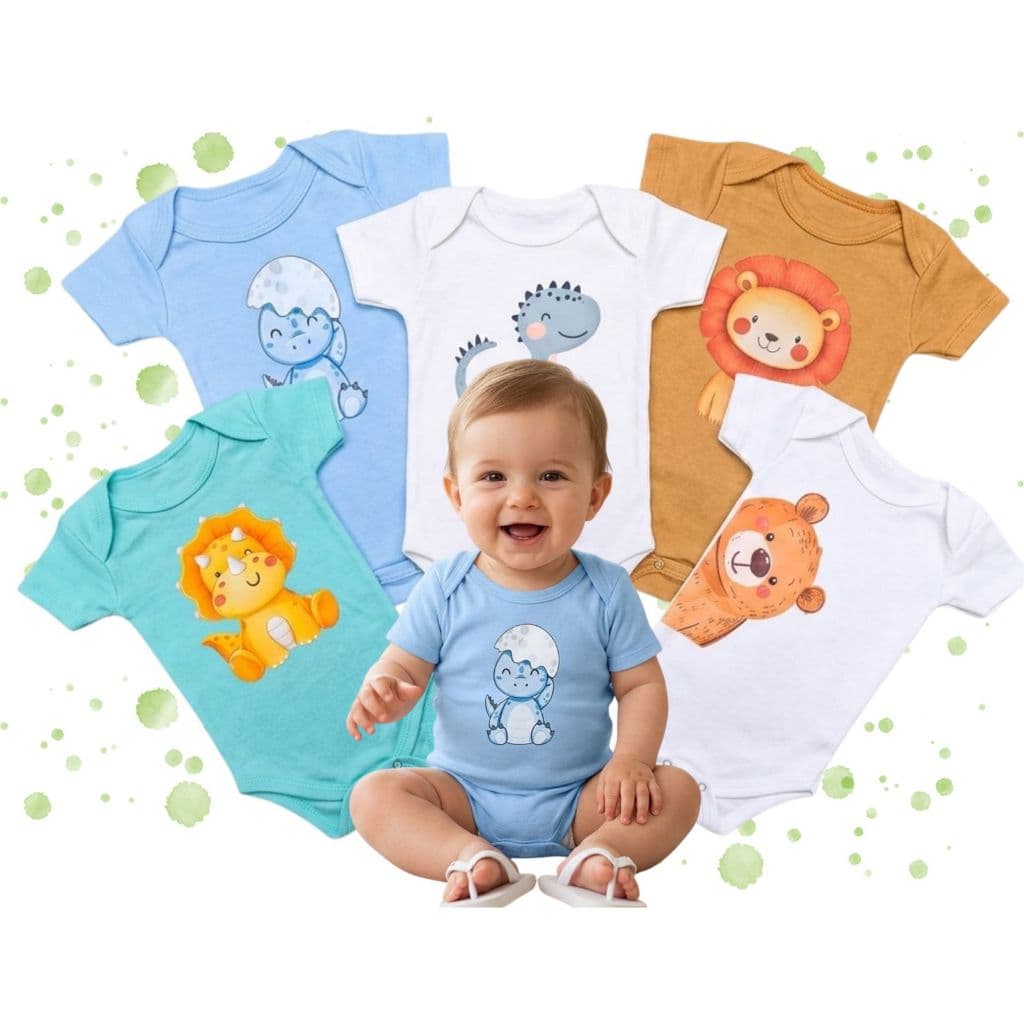 Kit 5 Body Menino Bebê Manga Curta - Várias Cores e Estampas