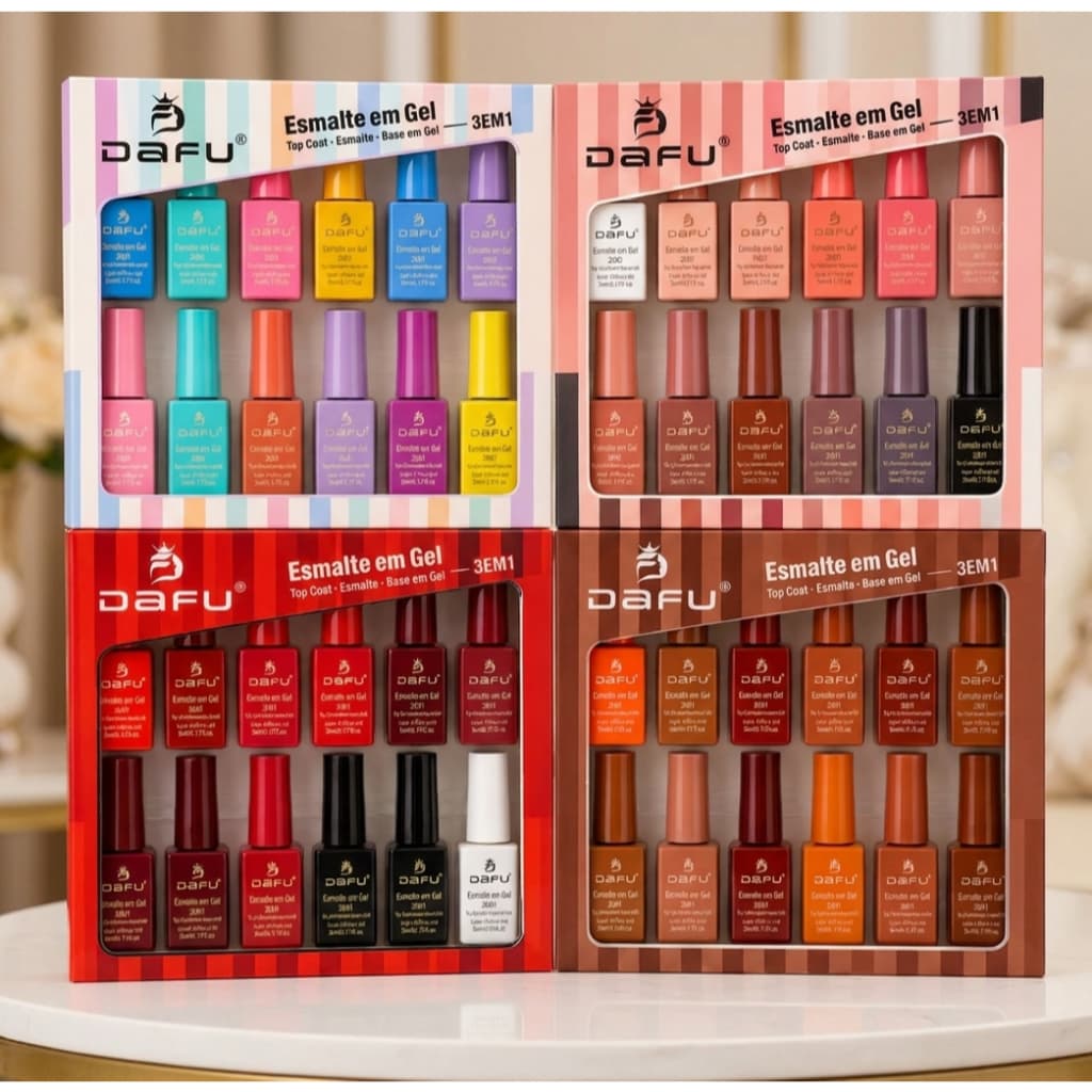 Kit 12 Esmaltes em Gel 3 em 1 DAFU 5ml Base Coat Cor Top Coat Pastel Marrom Vermelho Preto Nude Rosa