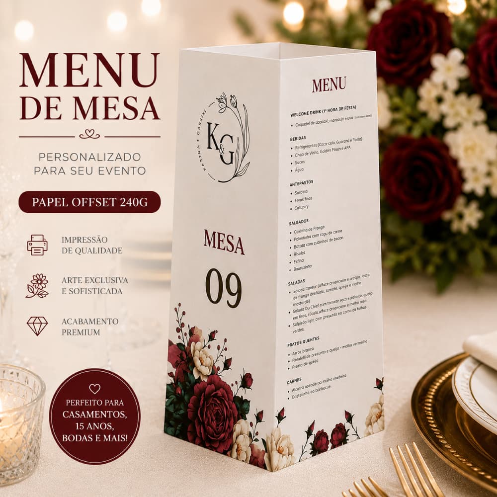 Menu de Mesa Personalizado Triangular | Casamento, 15 Anos e Eventos | Papel Offset 240g Premium