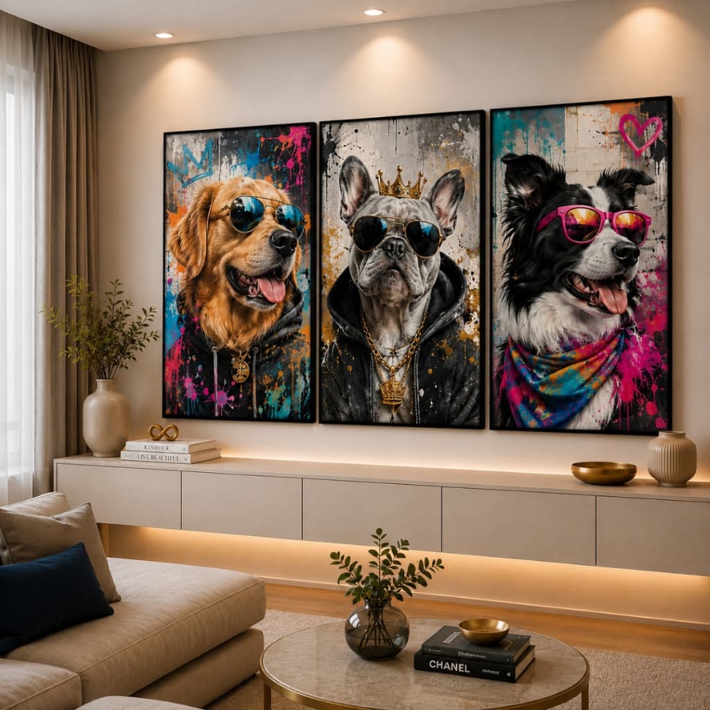 Kit 3 Quadro Decorativo Cães Estiloso Óculos Moderno Grafite Colorido Estilosos