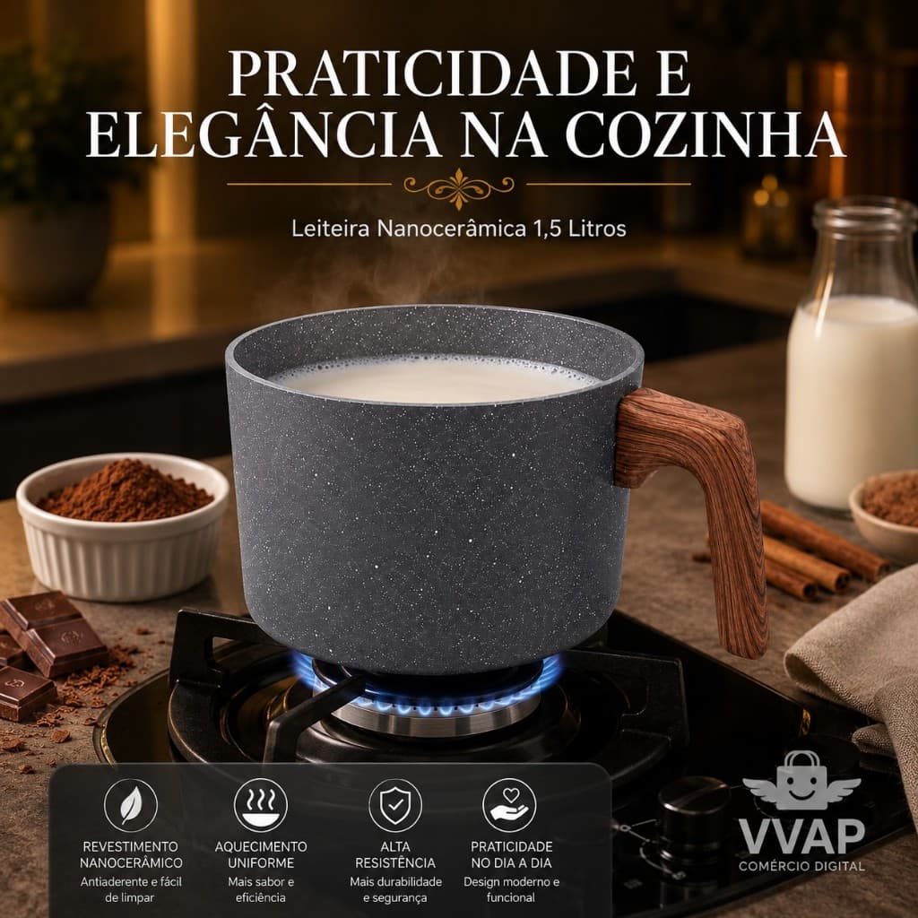 Leiteira Canecão Cerâmica 1,5L Indução Granito Verde Preta Antiaderente Cozinha Moderna