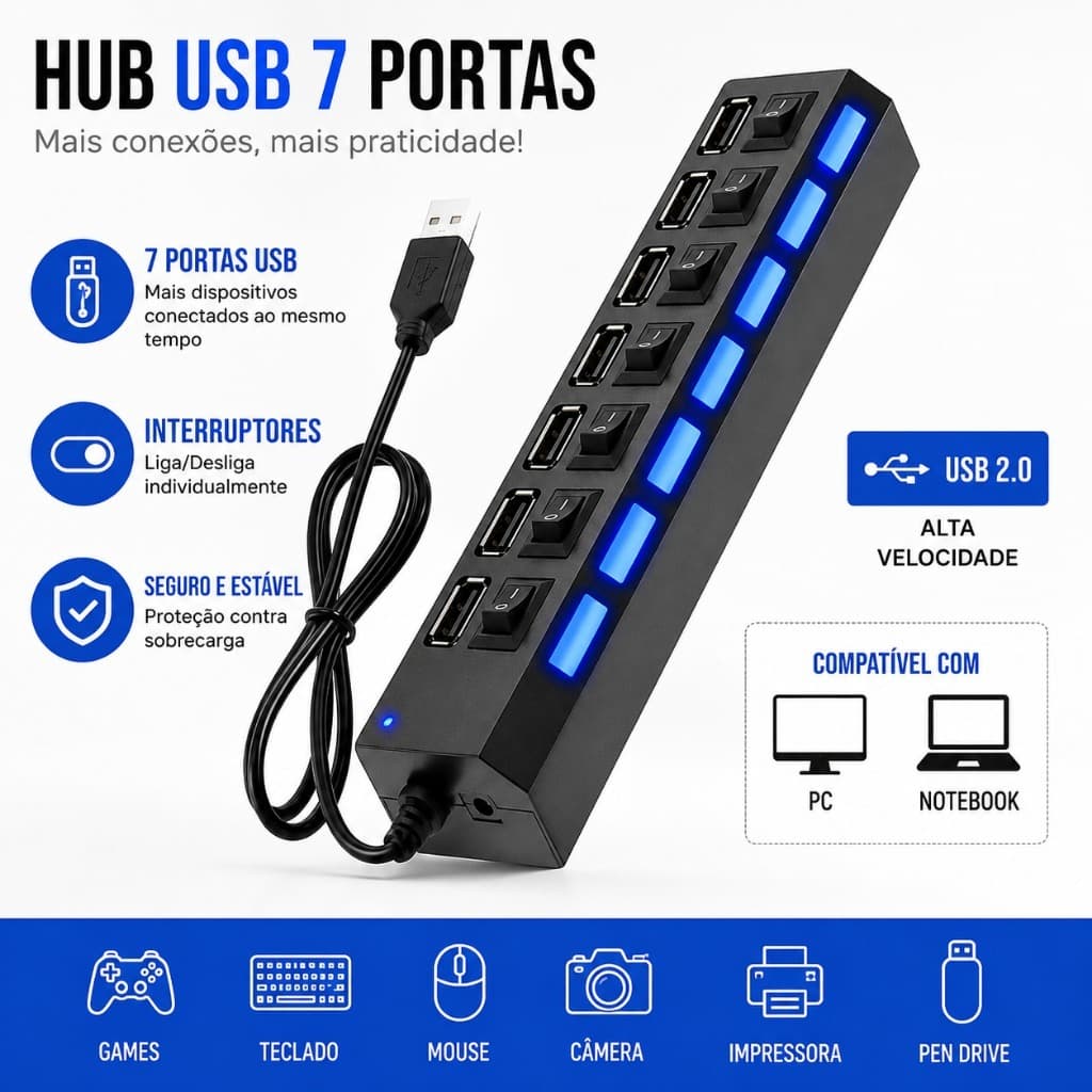 Extensão USB com 7 Entradas USB 2.0 de Alta Velocidade com Botão Liga/Desliga