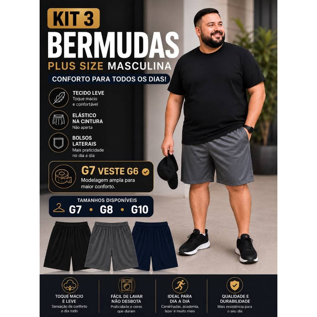 Kit 3 Bermudas Plus Size Masculina G7 G8 G10 Dia a Dia