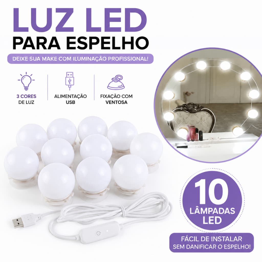 Kit Luz LED para Espelho Maquiagem Hollywood 10 Lâmpadas USB 3 Cores Regulável com Ventosa para Penteadeira Camarim