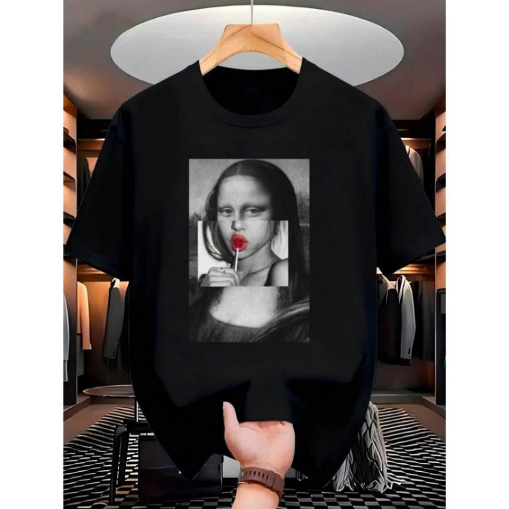 Camiseta Oversized Streetwear Monalisa Pirulito Camisa 100% Algodão Confortável Estilo de Rua