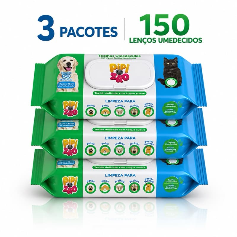Toalha Lenço Umedecido Pet 3 pacotes 50 un cada Higiene Praticidade Economia para Cães e Gatos