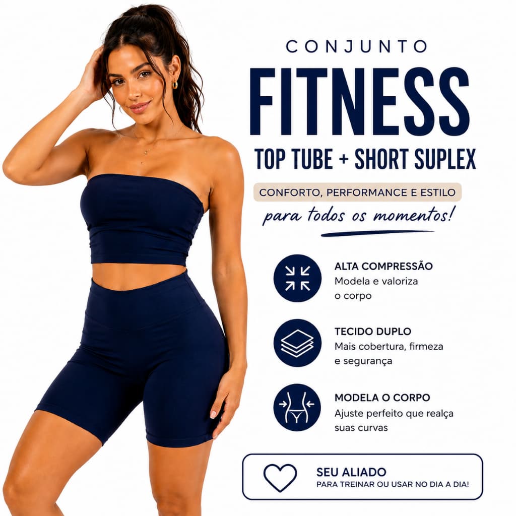 Conjunto Fitness Feminino Top Tube + Short Suplex Meia Coxa Alta Compressão Tecido Duplo
