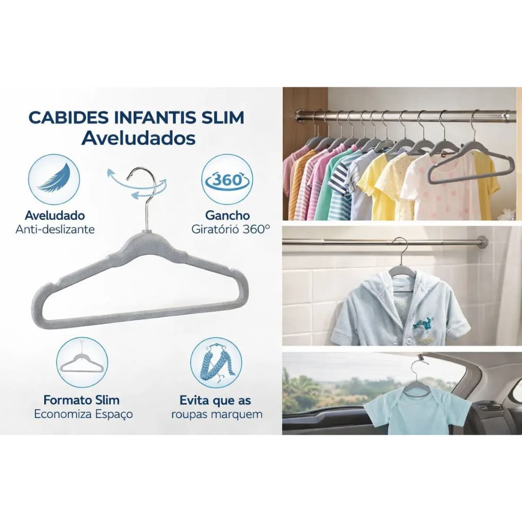 Cabide De Veludo Infantil Cinza Kit Com 10 Unidades