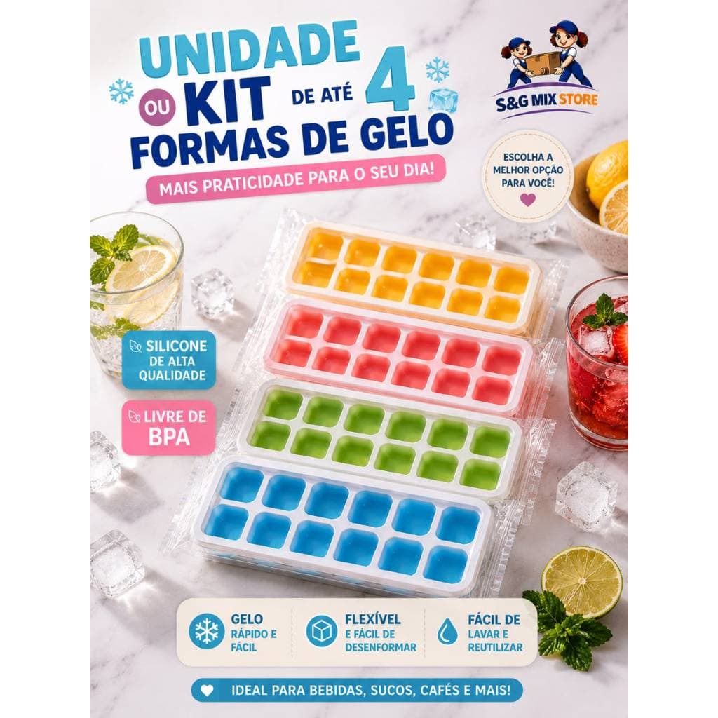 Kit  Formas de Gelo Silicone Com Tampa Rígida Flexível Fundo Retangular 14 Cubos Multiuso sortido.