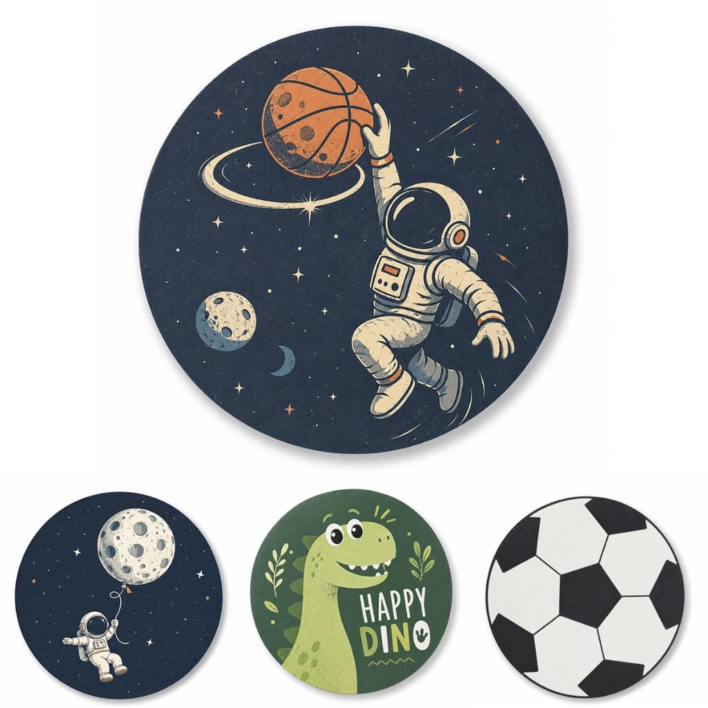Tapete Redondo Infantil Menino Bola Futebol Astronauta Basquete Dinossauro DecorativoAntiderrapante
