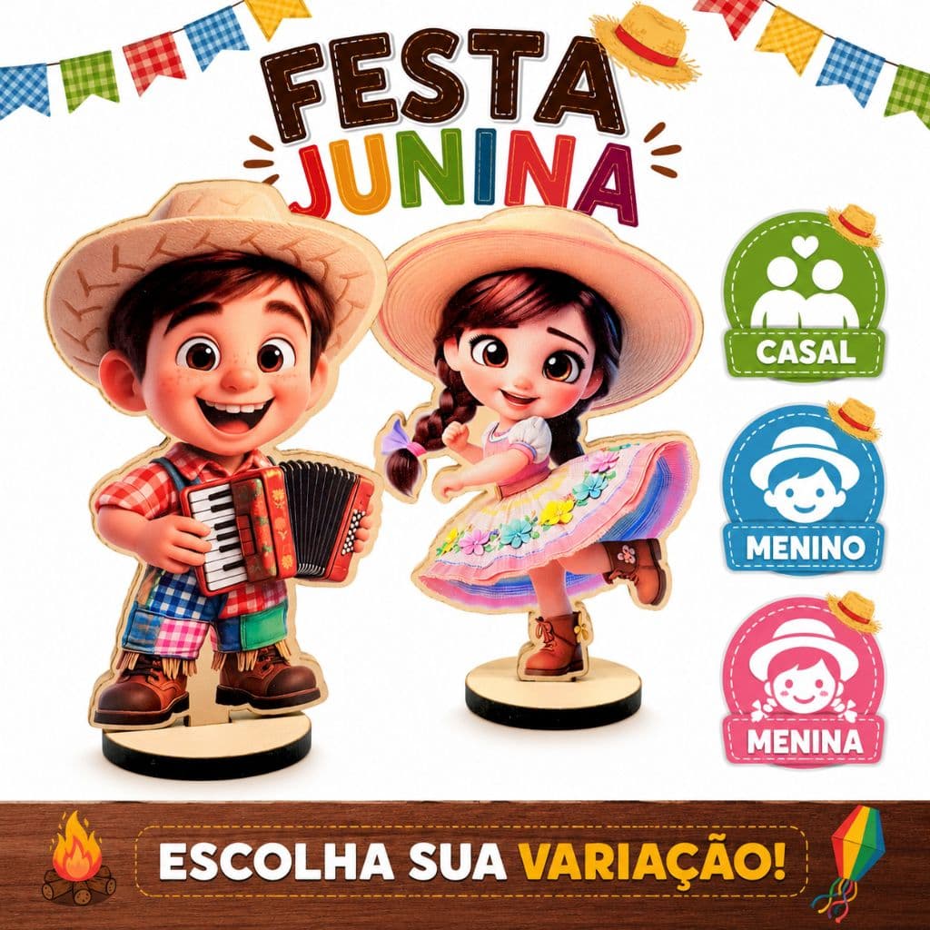 Kit Display de Mesa Festa Junina - Casal Caipira Baby (15cm) , Cenário Decorativo