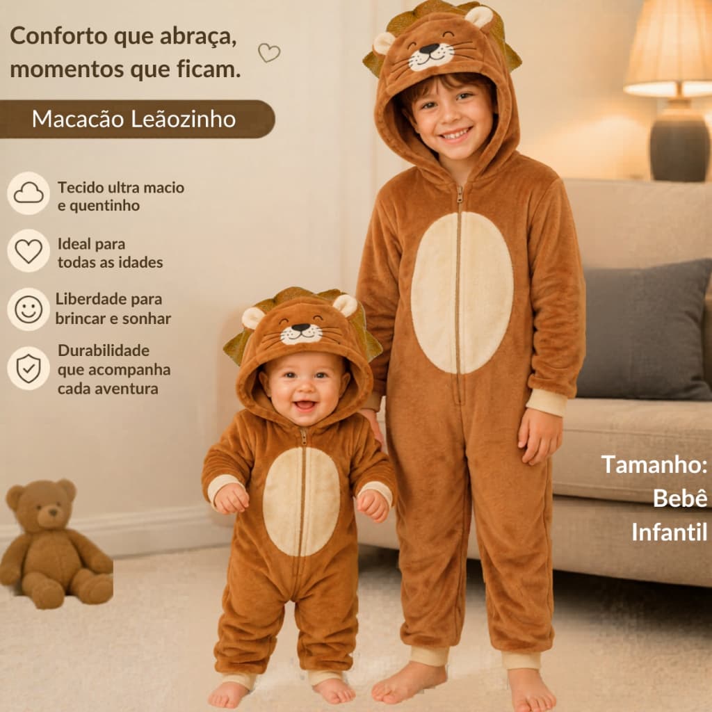 Pijama Leão Kigurumi com Tecido Macio e Confortável para Bebes e Crianças