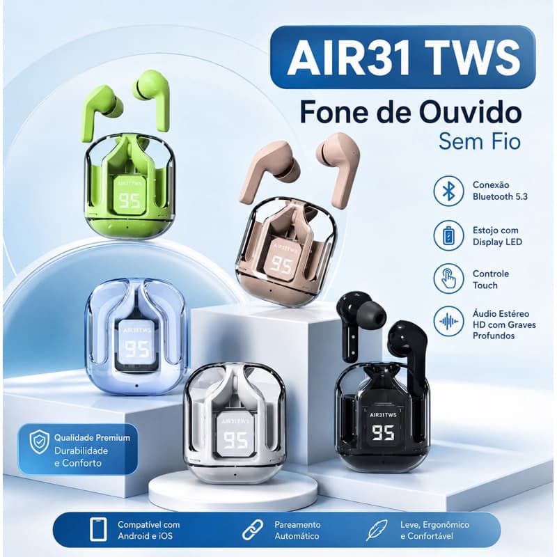 Fone De Ouvido Sem Fio Air31 Tws Bluetooth 5.3 Estéreo Hifi