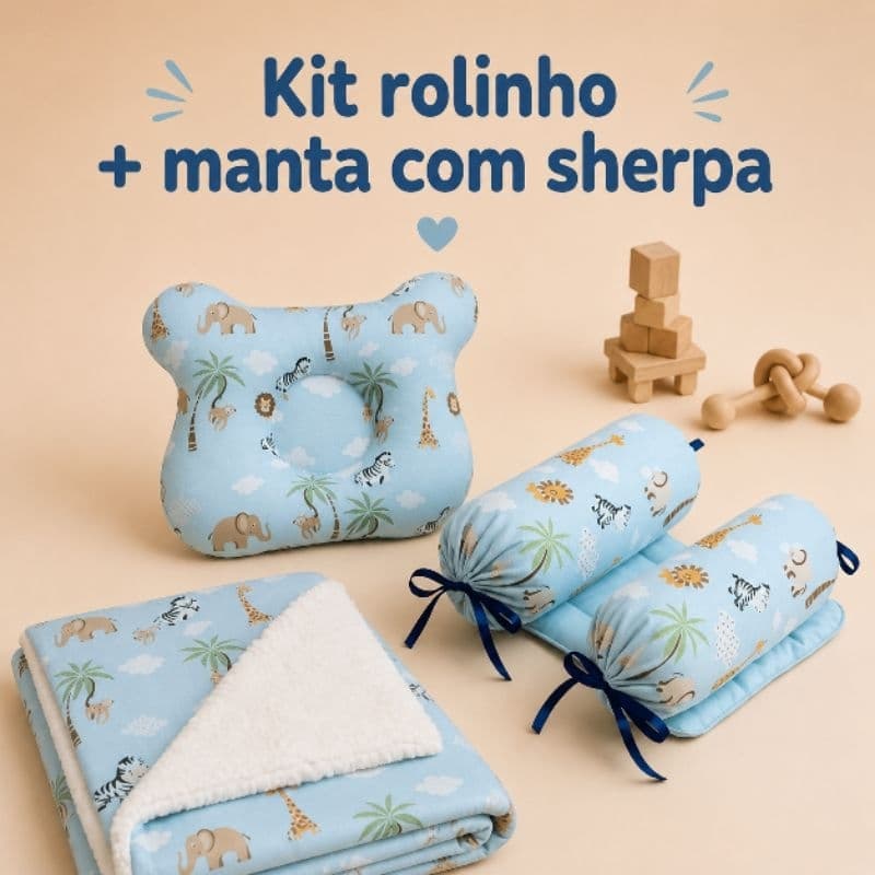 Kit manta com sherpa + rolinho segura bebê com travesseiro anatômico, seguro, macio e confortável