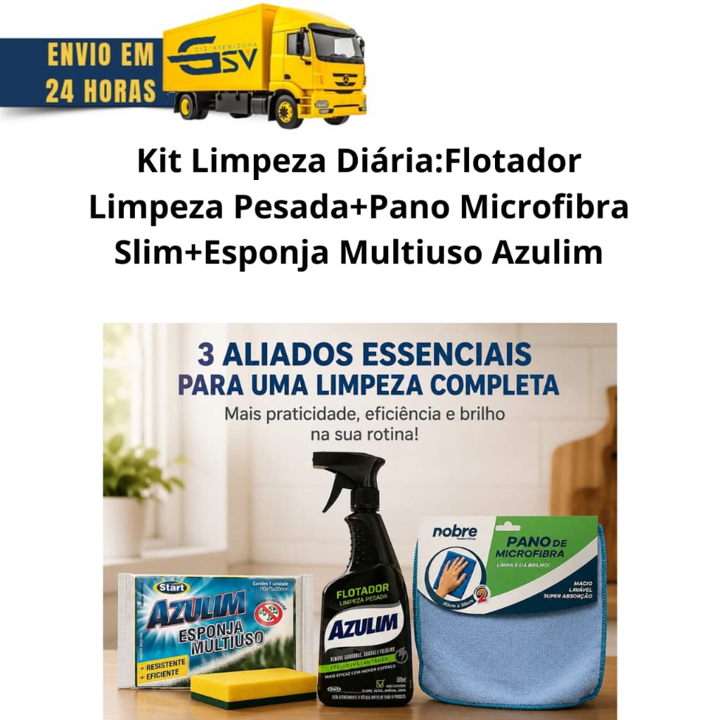 Kit Limpeza : Flotador Limpeza Pesada+ Esponja Multiuso Azulim+Pano Microfibra Slim Nobre 30x30 Cm