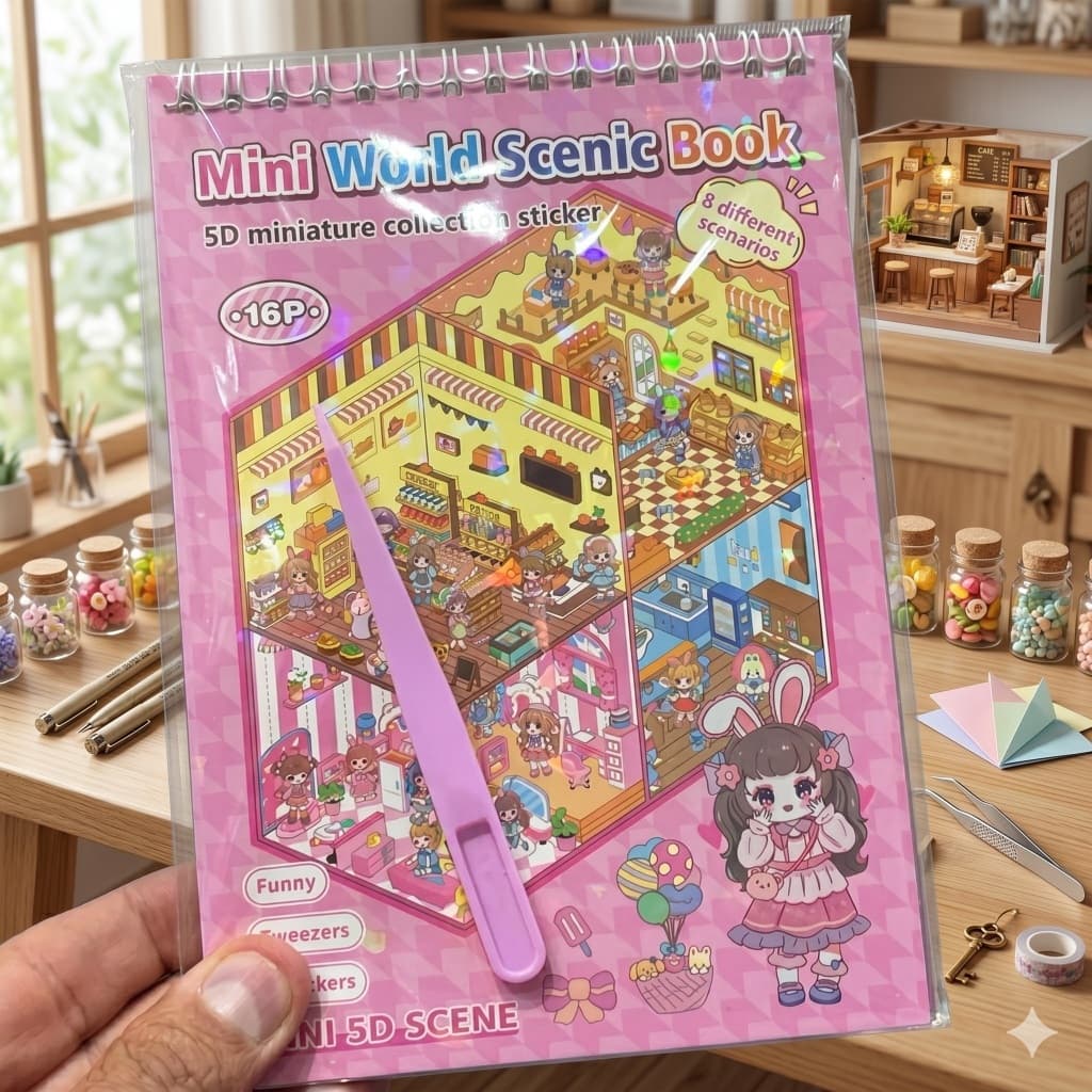 Caderno Adesivos 3d 8 Cenários para montagem + Pinça - livro interativo para Montar e Decorar