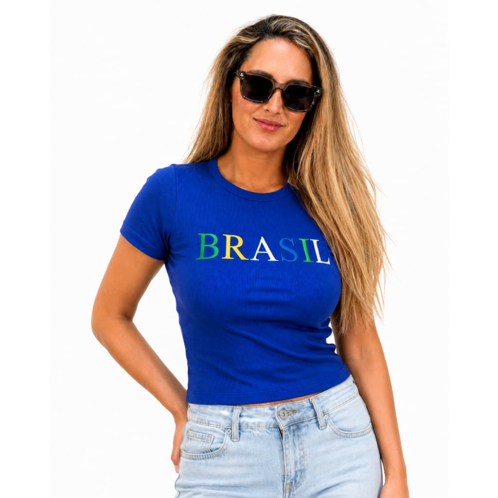 Camiseta Cropped Canelada Copa Azul P e Óculos de Sol Feminino Marrom