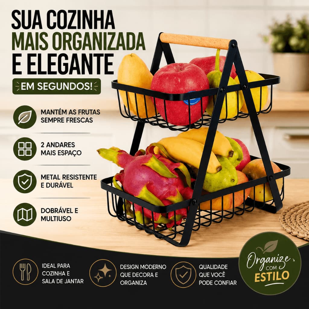 Fruteira Organizador 2 Andares Preto Metal Aramado Multiuso Desmontável Cozinha