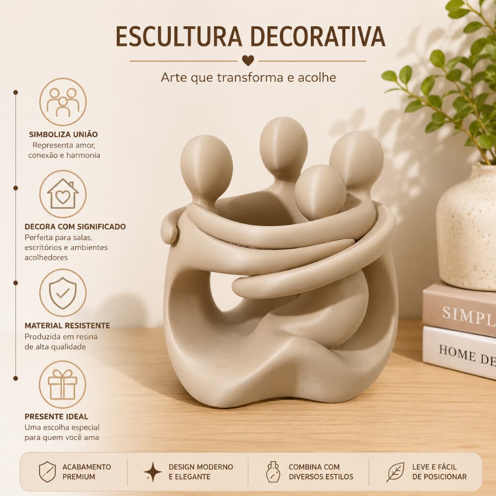 Estátua Decorativa Família Abraço Minimalista Escultura Moderna 13x15cm