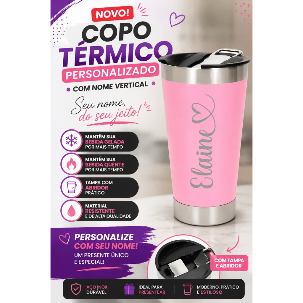 Copo Térmico GRAVADO COM NOME VERTICAL 473ml com tampa e abridor. ENVIO RÁPIDO