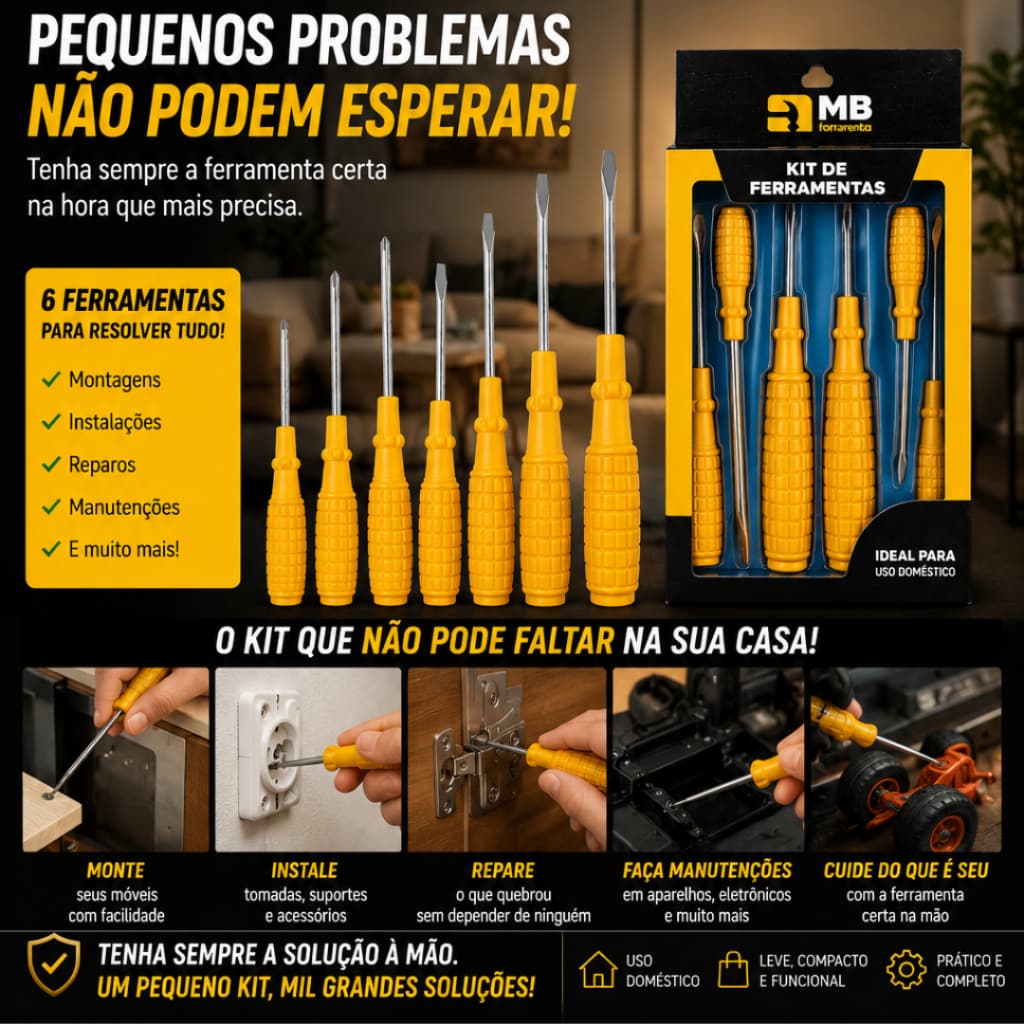 Jogo de Chaves de Fenda e Chave Phillips 6 Peças Amarela Ferramentas Multiuso Reparos Kit de Ferramentas