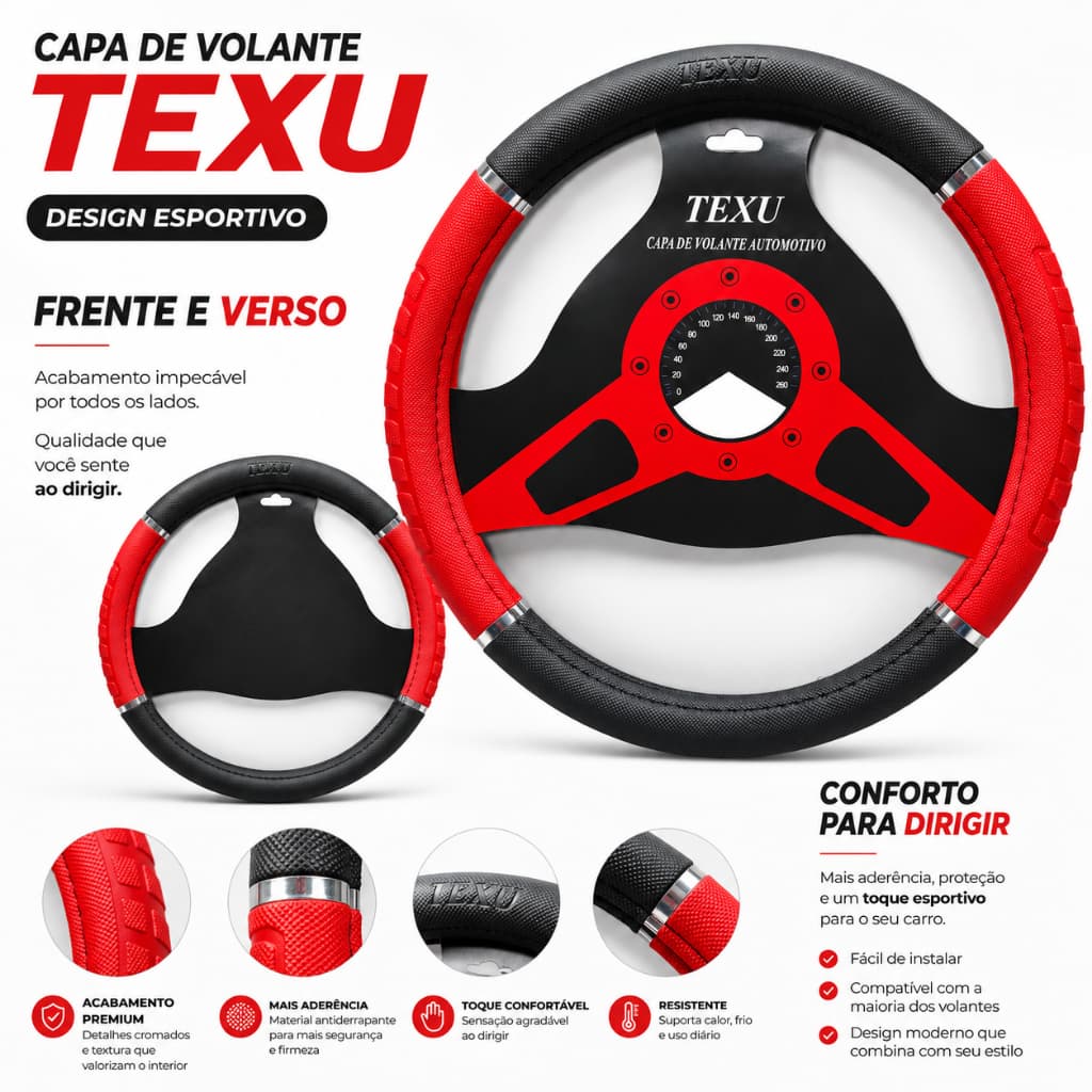 Capa De Volante Carro Universal Vermelha TEXU 38cm Antiderrapante Couro PU Premium Várias Cores