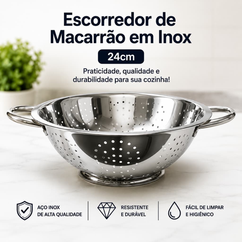 Escorredor de Macarrão Inox 24cm Escorredor de Massa Arroz Legumes Frutas Aço Inoxidável Resistente
