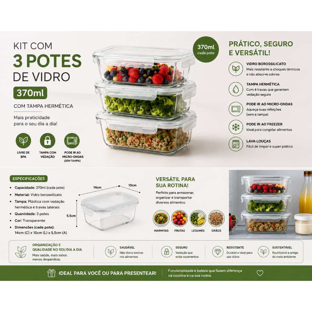 Pote De Vidro Com Tampa Hermética Kit Com 3 Potes 370m